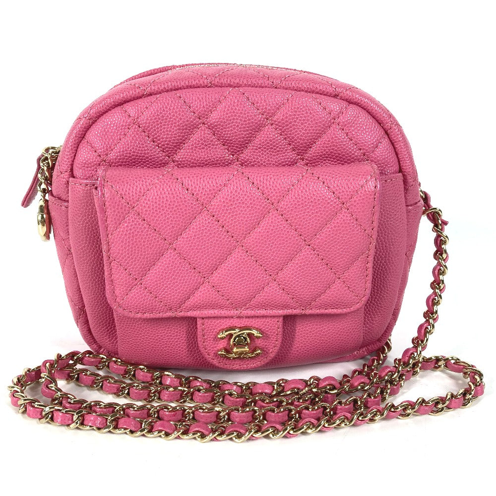 CHANEL Shoulder Bag Caviar skin pink Matelasse quilted Chain bag CC COCO Mark Women Used Authentic