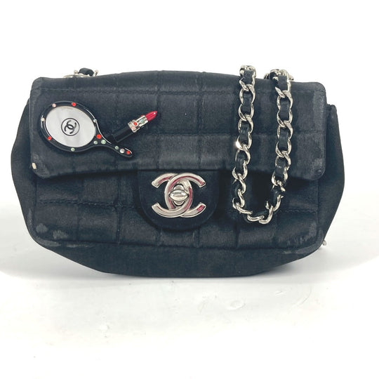 CHANEL Shoulder Bag Satin black bag pochette Lipstick Mirror CC COCO Mark Women Used Authentic
