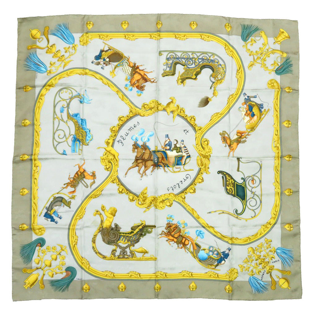 HERMES scarf silk beige Carre90 Plumes et Grelots Feathers and bells unisex(Unisex) Used Authentic