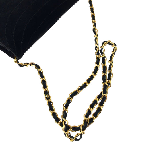 CHANEL Shoulder Bag Velor Black GoldMetal ChainShoulder Bag Pochette Border stitch Half Moon COCO Mark Women Used Authentic