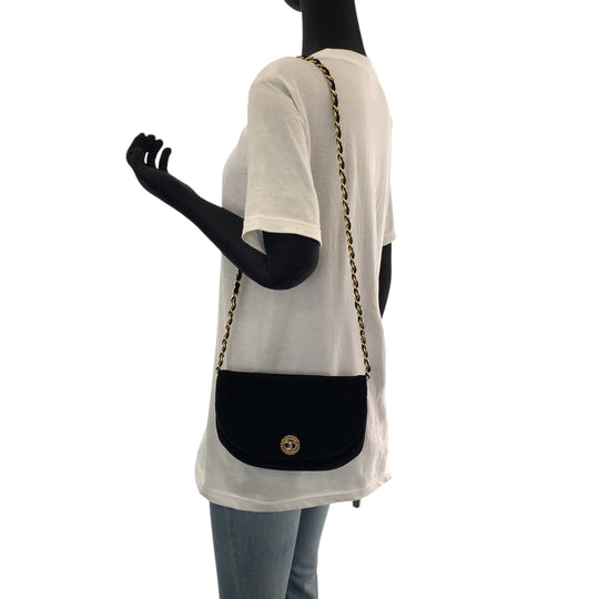 CHANEL Shoulder Bag Velor Black GoldMetal ChainShoulder Bag Pochette Border stitch Half Moon COCO Mark Women Used Authentic