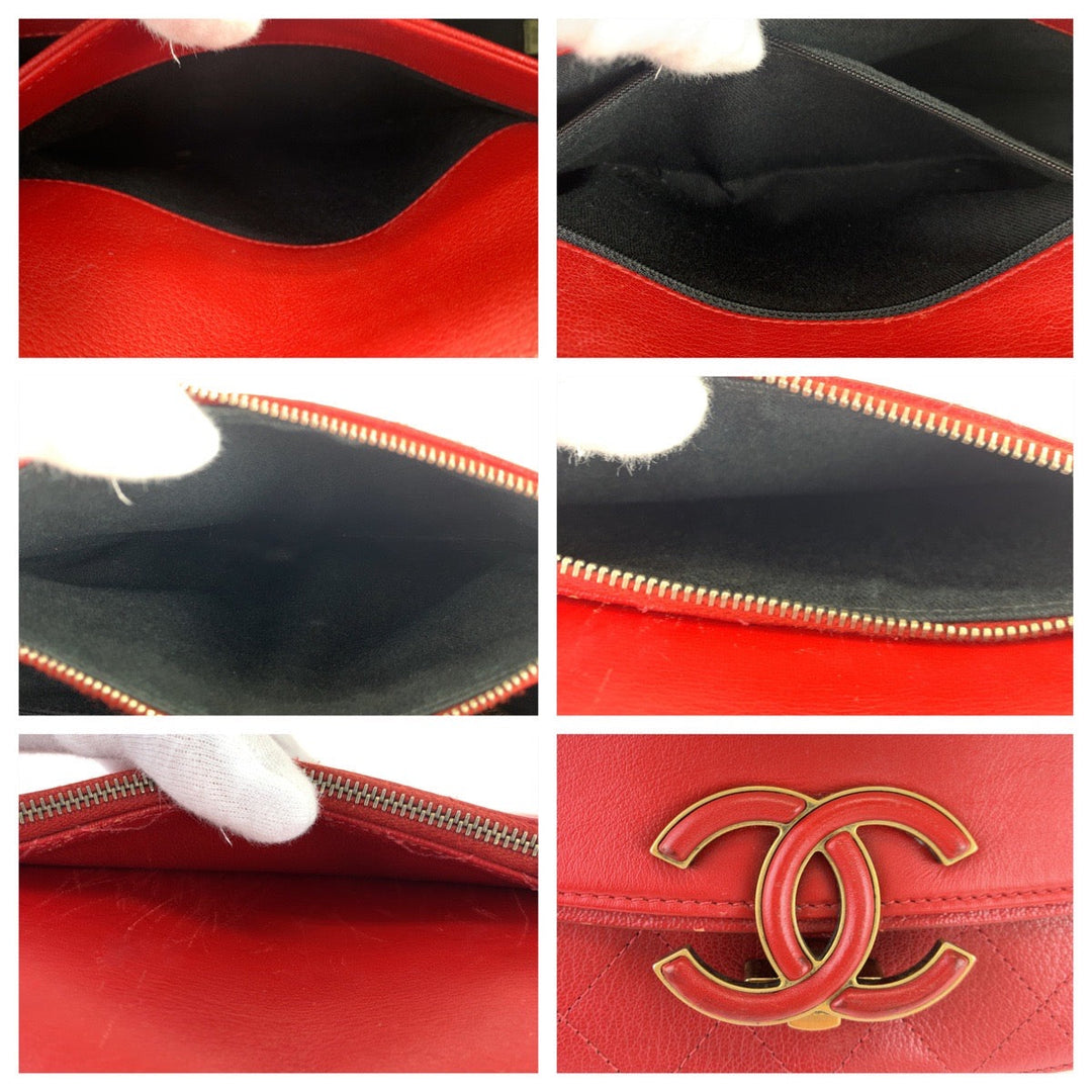 CHANEL Shoulder Bag leather Red Gold Metal Chain Shoulder Bag Pochette Coco Curve Matelasse COCO Mark Women Used Authentic