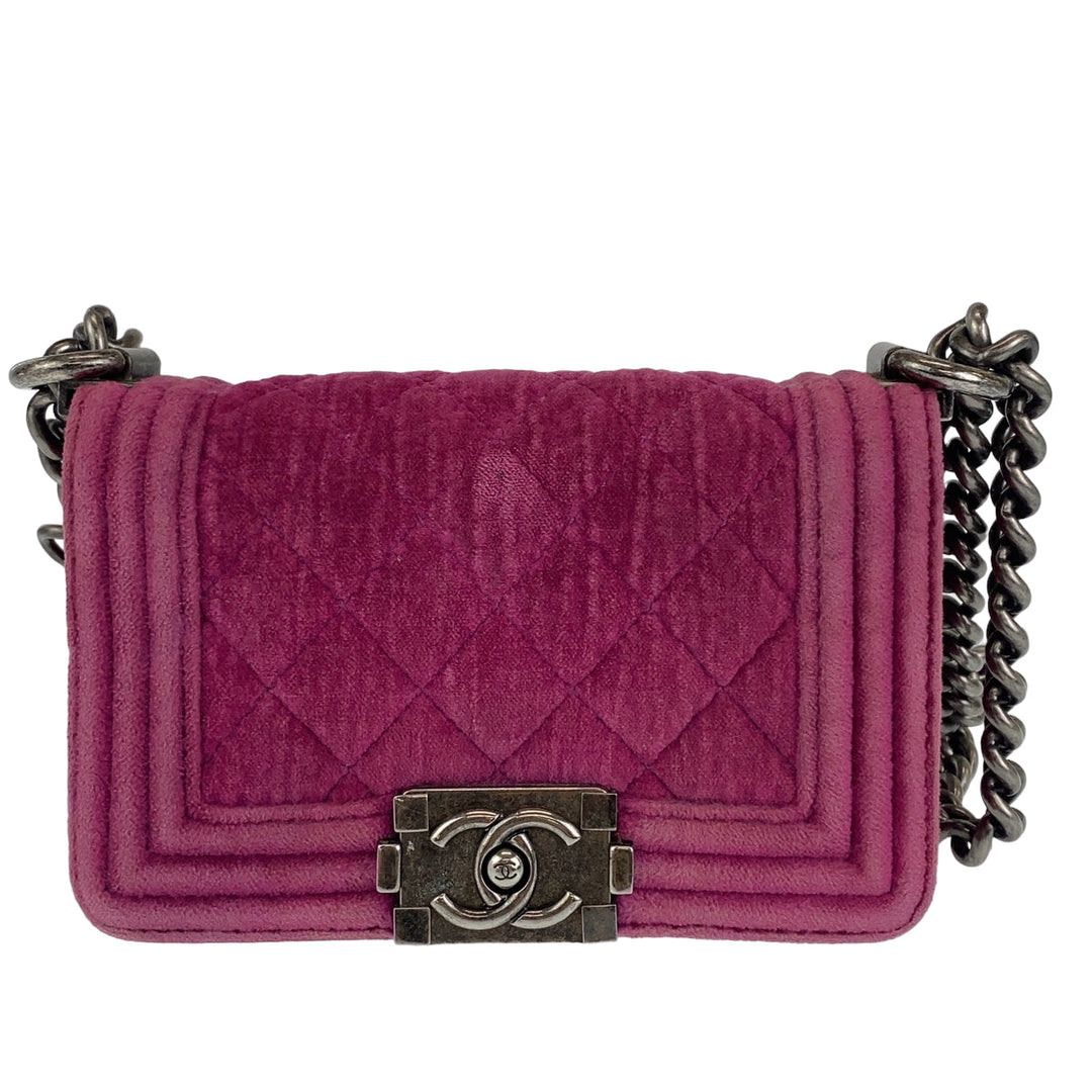 CHANEL Shoulder Bag Velour, Leather Pink Gunmetal Metal ChainShoulder Bag Pochette Mini Boy Chanel Matelasse Women Used Authentic