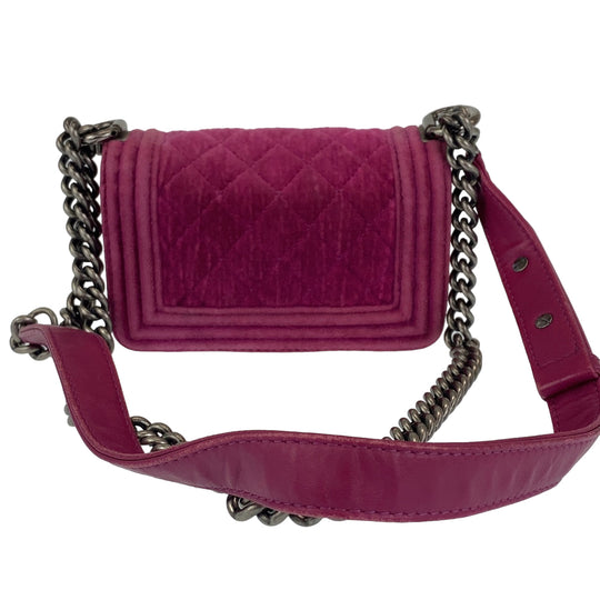 CHANEL Shoulder Bag Velour, Leather Pink Gunmetal Metal ChainShoulder Bag Pochette Mini Boy Chanel Matelasse Women Used Authentic
