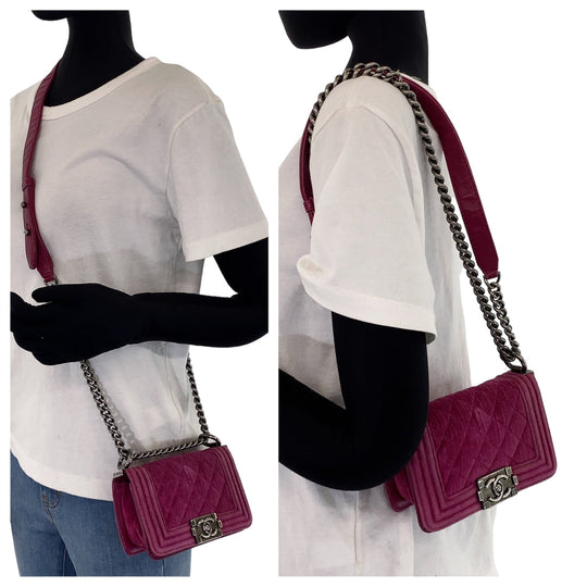 CHANEL Shoulder Bag Velour, Leather Pink Gunmetal Metal ChainShoulder Bag Pochette Mini Boy Chanel Matelasse Women Used Authentic