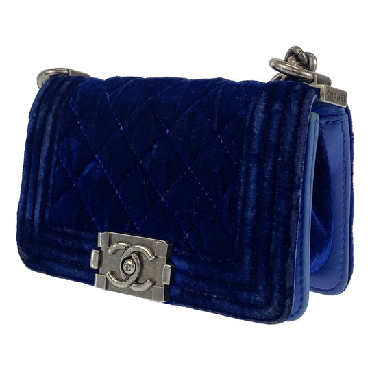 CHANEL Shoulder Bag Velour, Leather Blue Gunmetal Shoulder Bag Handbag Pochette Mini Boy Chanel Matelasse Women Used Authentic