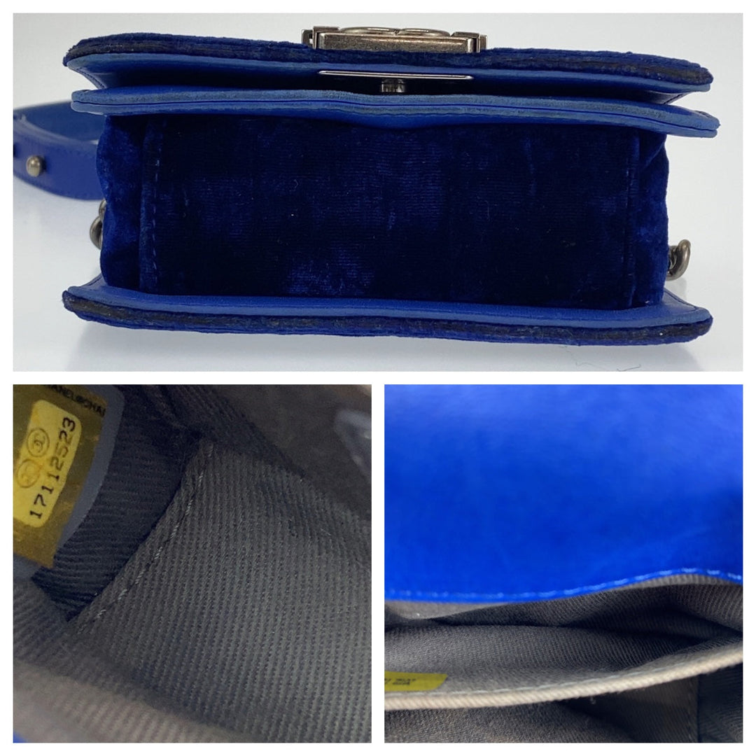 CHANEL Shoulder Bag Velour, Leather Blue Gunmetal Shoulder Bag Handbag Pochette Mini Boy Chanel Matelasse Women Used Authentic