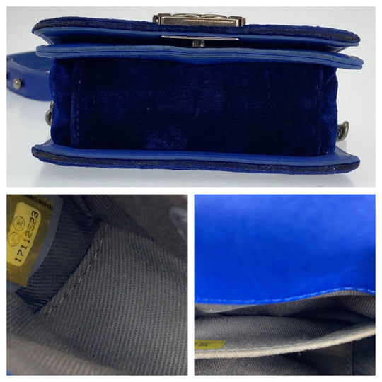 CHANEL Shoulder Bag Velour, Leather Blue Gunmetal Shoulder Bag Handbag Pochette Mini Boy Chanel Matelasse Women Used Authentic