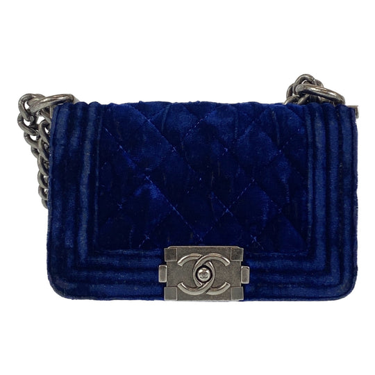CHANEL Shoulder Bag Velour, Leather Blue Gunmetal Shoulder Bag Handbag Pochette Mini Boy Chanel Matelasse Women Used Authentic