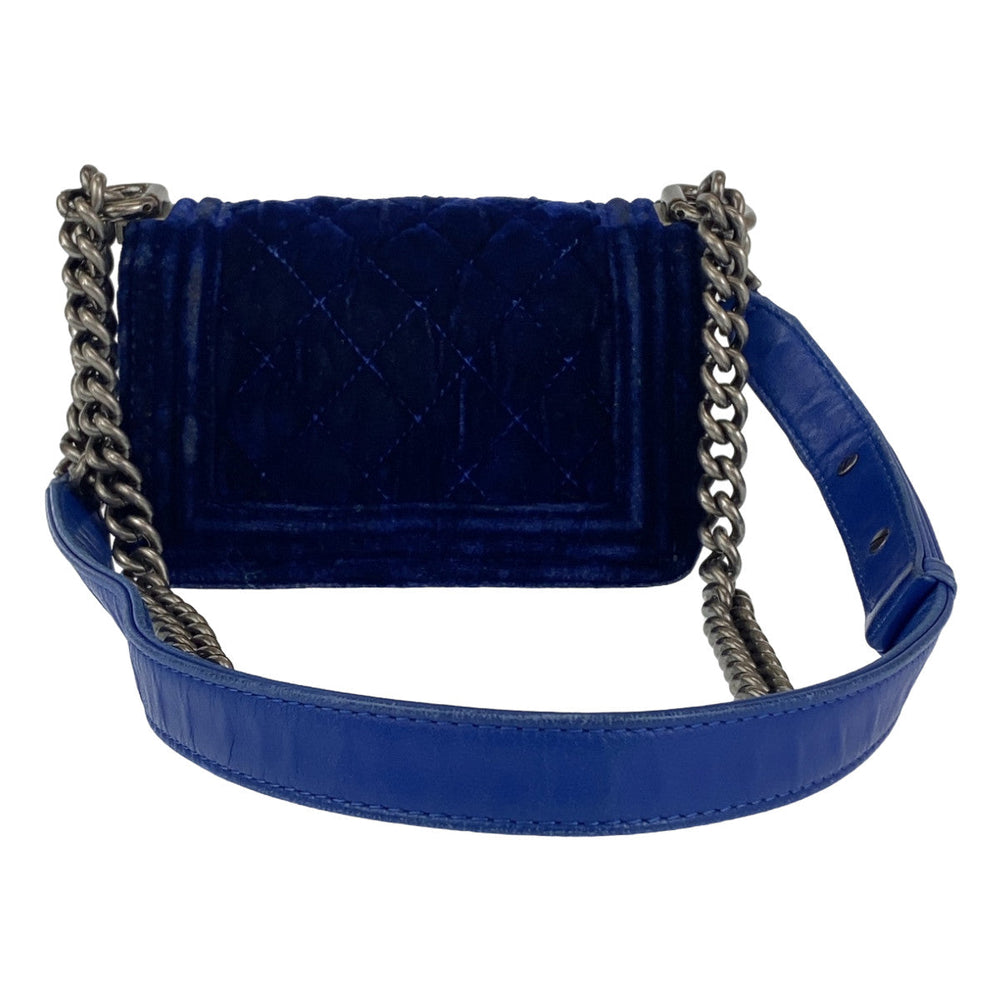 CHANEL Shoulder Bag Velour, Leather Blue Gunmetal Shoulder Bag Handbag Pochette Mini Boy Chanel Matelasse Women Used Authentic