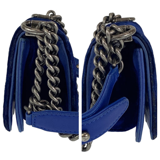 CHANEL Shoulder Bag Velour, Leather Blue Gunmetal Shoulder Bag Handbag Pochette Mini Boy Chanel Matelasse Women Used Authentic