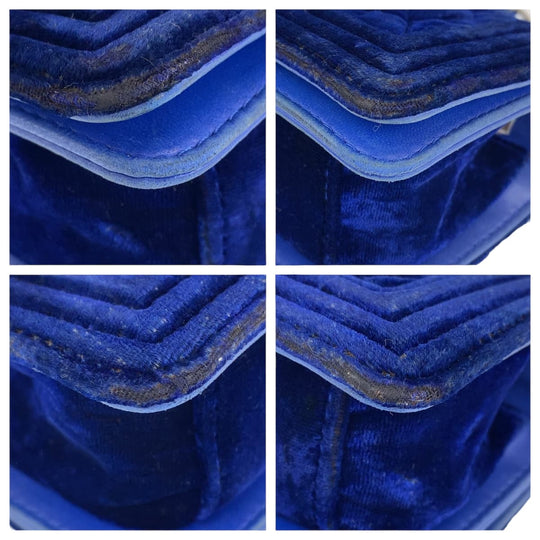 CHANEL Shoulder Bag Velour, Leather Blue Gunmetal Shoulder Bag Handbag Pochette Mini Boy Chanel Matelasse Women Used Authentic