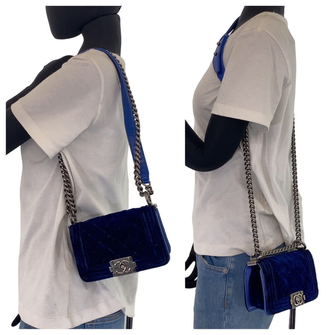 CHANEL Shoulder Bag Velour, Leather Blue Gunmetal Shoulder Bag Handbag Pochette Mini Boy Chanel Matelasse Women Used Authentic