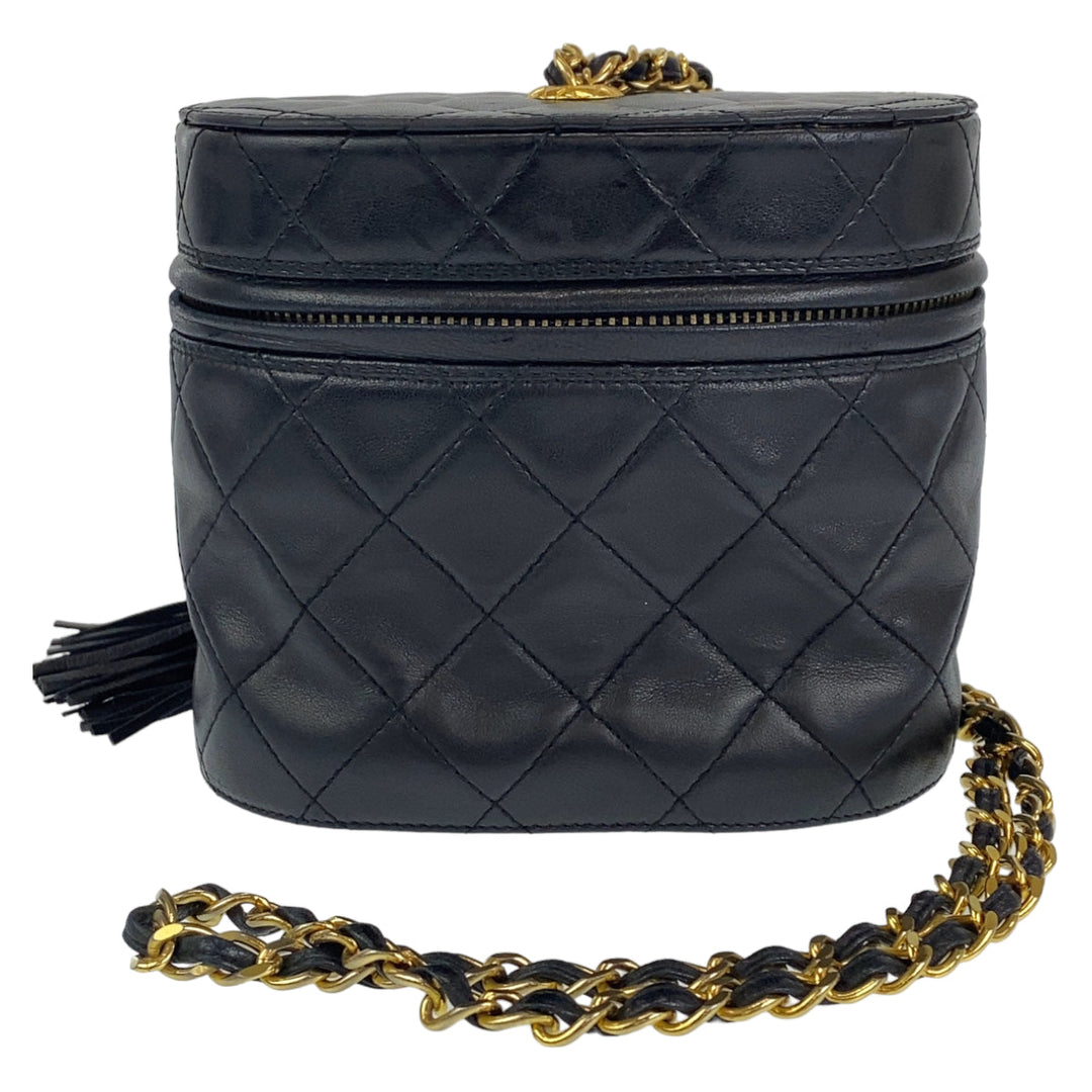 CHANEL Shoulder Bag lambskin Black Gold Metal Crossbody Shoulder Bag Vanity Bag COCO Mark Fringe Women Used Authentic