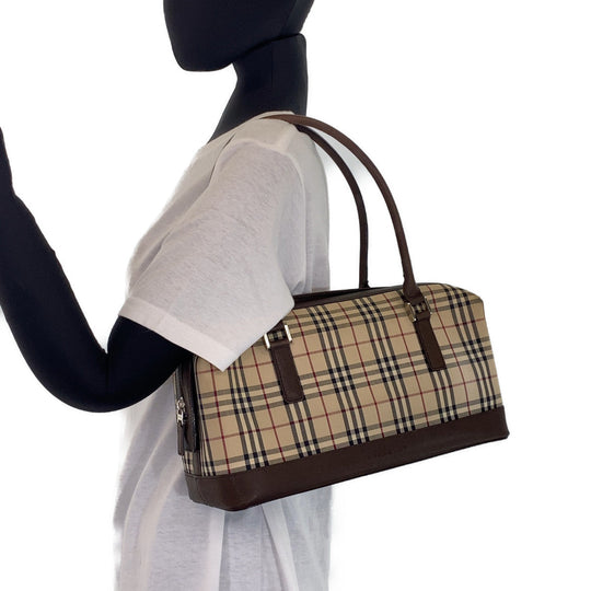 BURBERRY Shoulder Bag canvas Brown Shoulder Bag Handbag Tote Bag Check Pattern Women Used Authentic