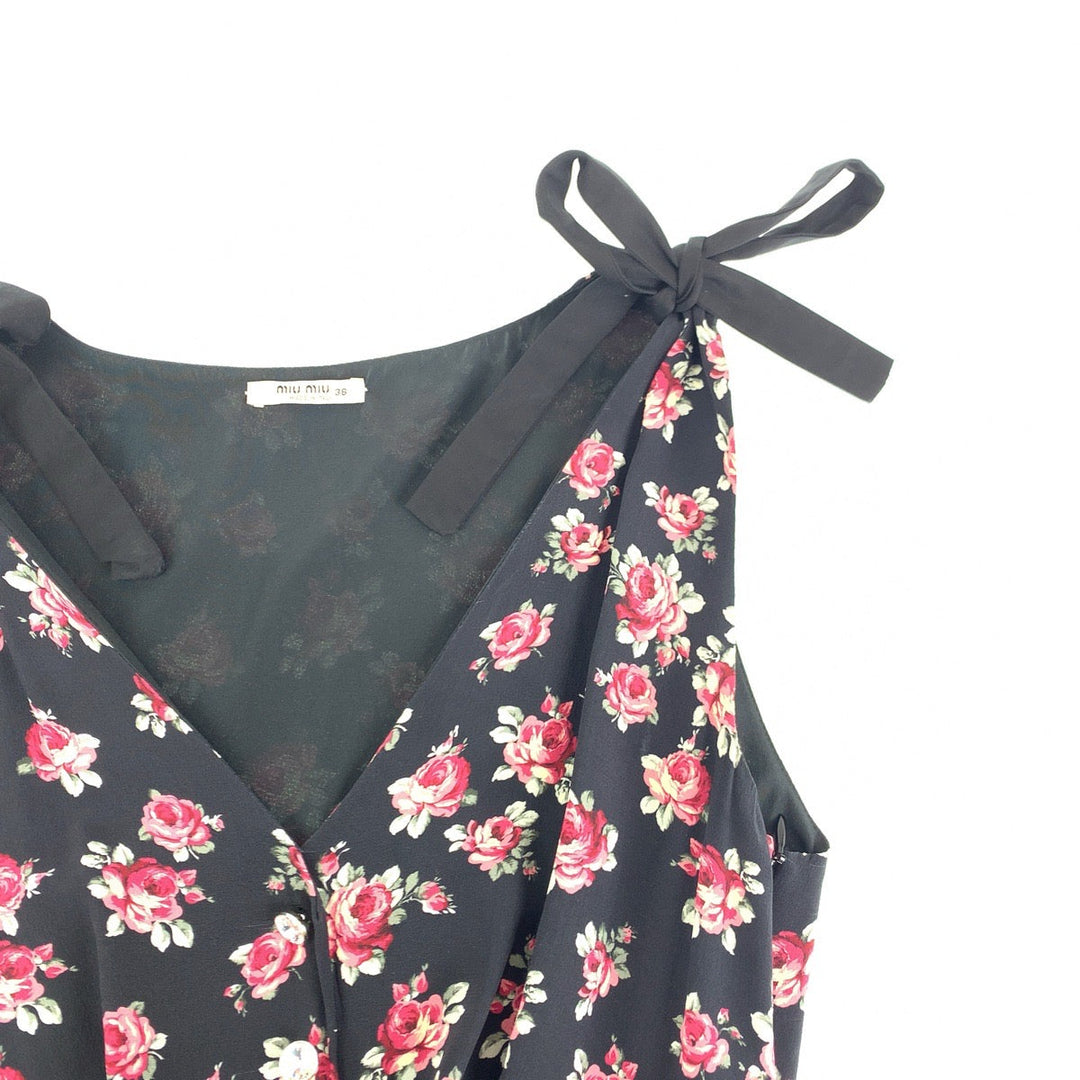 MIUMIU one piece Cotton, Denim Black black Dresses Dresses Denim Dresses Floral rhinestones Women 36 Used Authentic