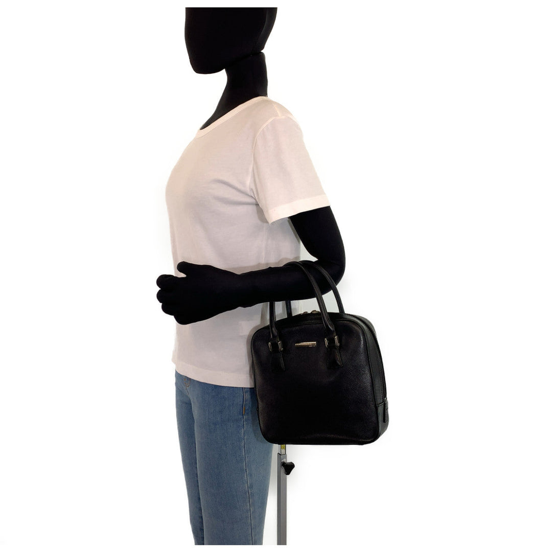 BURBERRY Handbag leather Black SilverMetal Handbag Tote Bag Medium Check Pattern Women Used Authentic