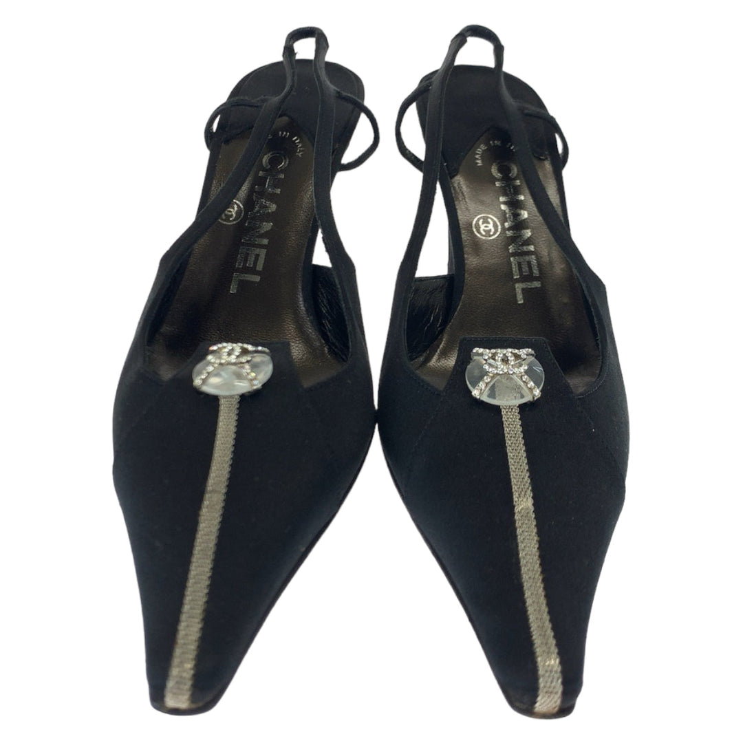 CHANEL pumps Satin Black SilverMetal Pumps Mules High Heels COCO Mark Rhinestone Women 23.5 Used Authentic