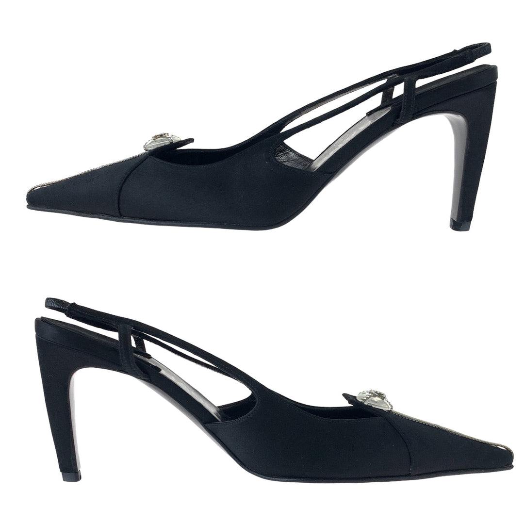 CHANEL pumps Satin Black SilverMetal Pumps Mules High Heels COCO Mark Rhinestone Women 23.5 Used Authentic