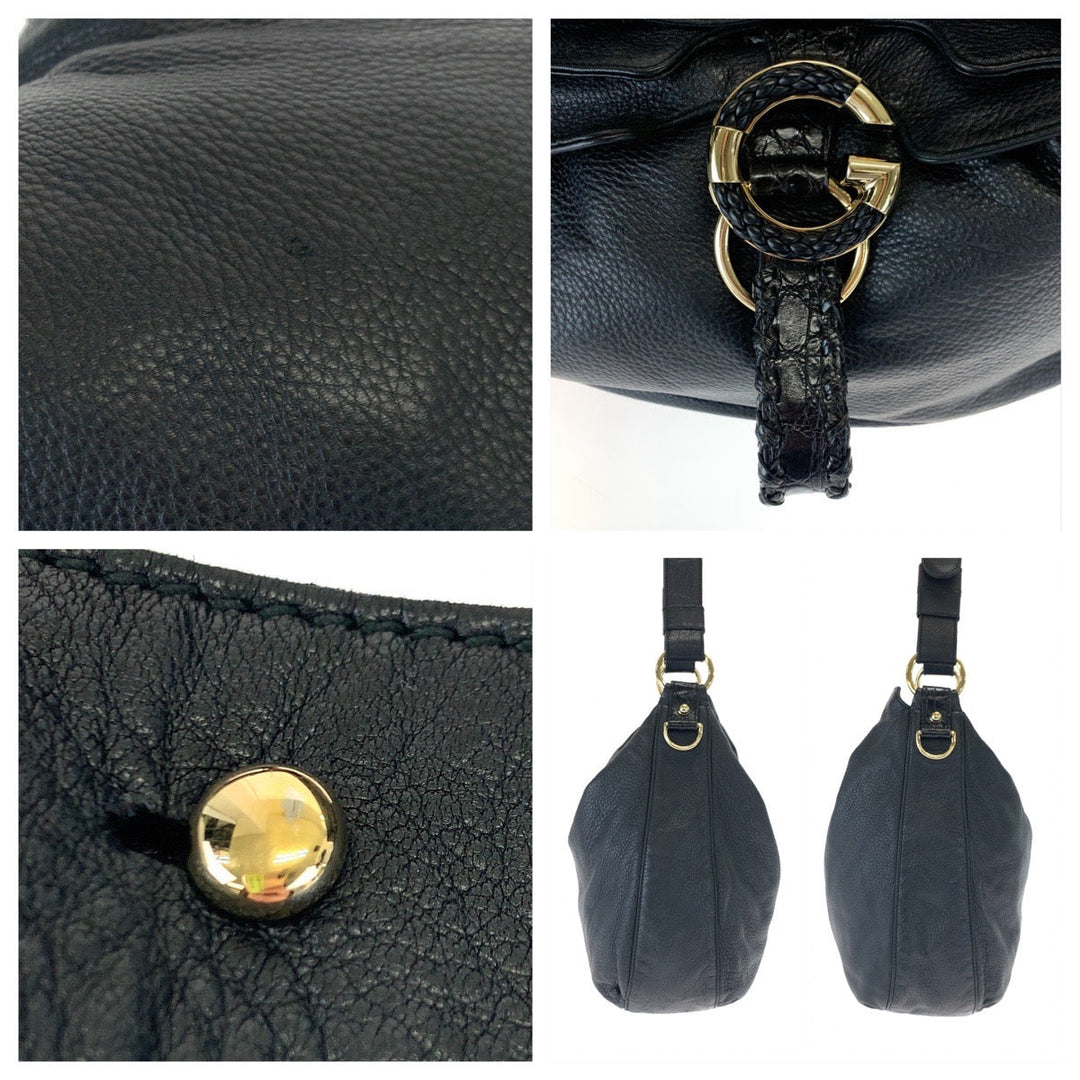 GUCCI Shoulder Bag 232931 leather Black Gold Metal Embossed Leather Shoulder Bag G Wave Hobo Women Used Authentic