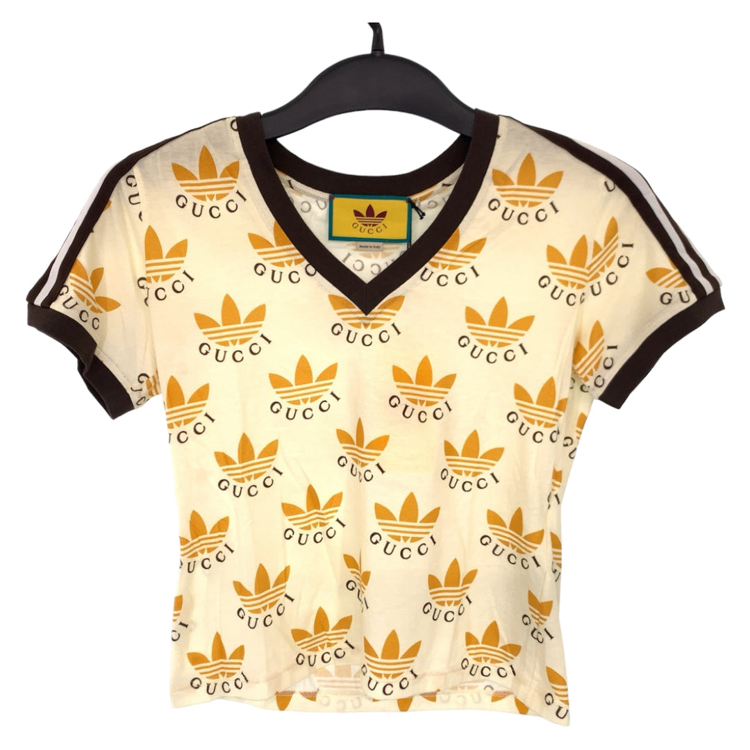 GUCCI Short sleeve T-shirt 693539 cotton Cream Orange Black Short-sleeved T-shirt, V-neck, short length adidasxGUCCI logo Women XS Used Authentic