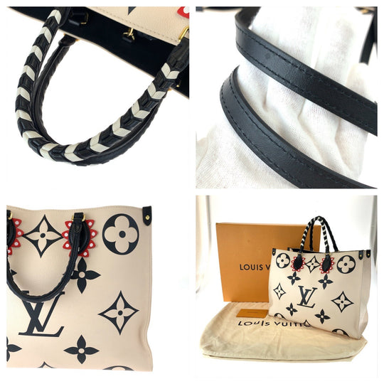 LOUIS VUITTON Tote Bag M45372 Calfskin Beige Black Gold Metal Tote Bag handbag Monogram Unplant Crafty On the Go GM Women Used Authentic