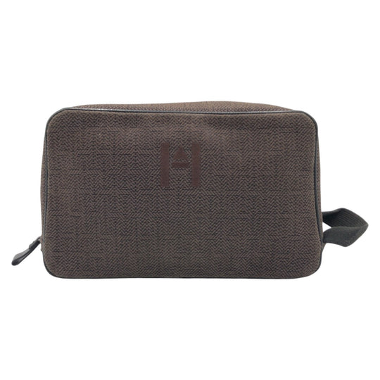 HERMES Pouch cotton Brown Silver Metal Pouch Globetrotter MM mens Used Authentic