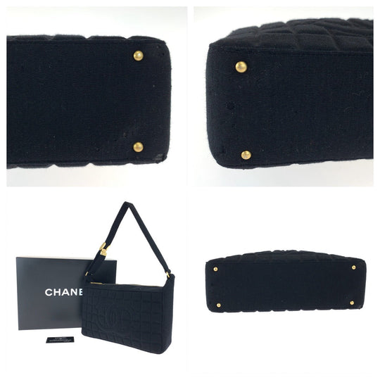 CHANEL Shoulder Bag canvas Black Gold Metal Shoulder Bag handbag Chocolate bar COCO Mark Women Used Authentic