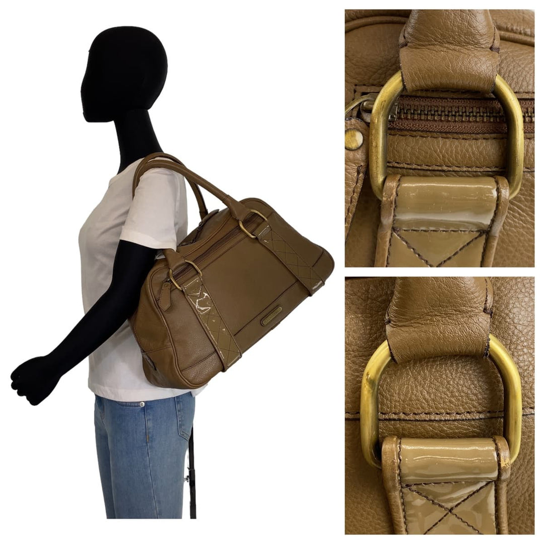 BURBERRY Handbag leather Khaki Brown Gold Metal Handbag Shoulder Bag Medium Check Pattern Women Used Authentic