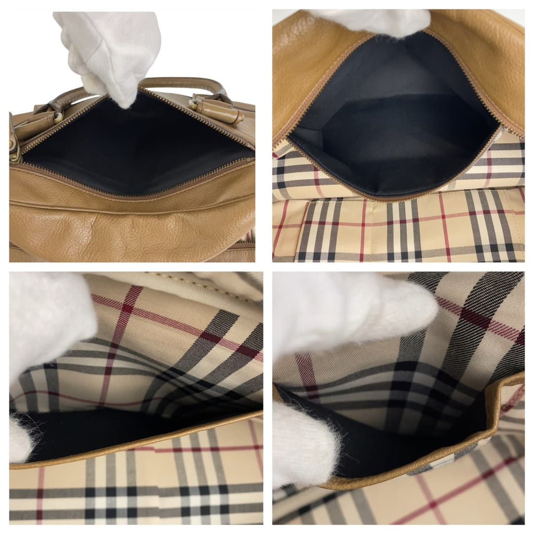 BURBERRY Handbag leather Khaki Brown Gold Metal Handbag Shoulder Bag Medium Check Pattern Women Used Authentic