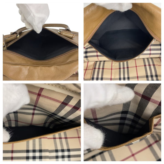 BURBERRY Handbag leather Khaki Brown Gold Metal Handbag Shoulder Bag Medium Check Pattern Women Used Authentic