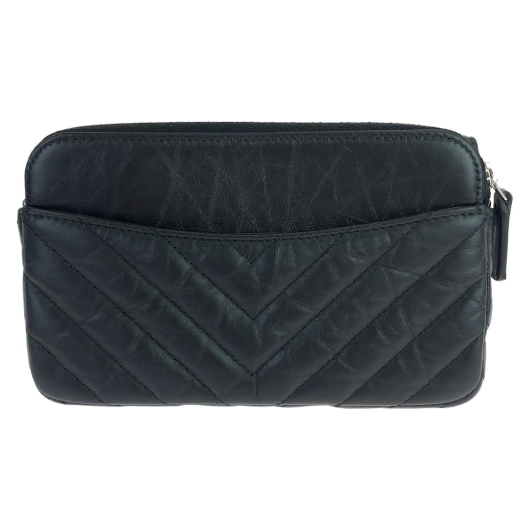 CHANEL Shoulder Bag lambskin Black SilverMetal Shoulder Bag Crossbody Chevron Vstitch Turn lock Women Used Authentic