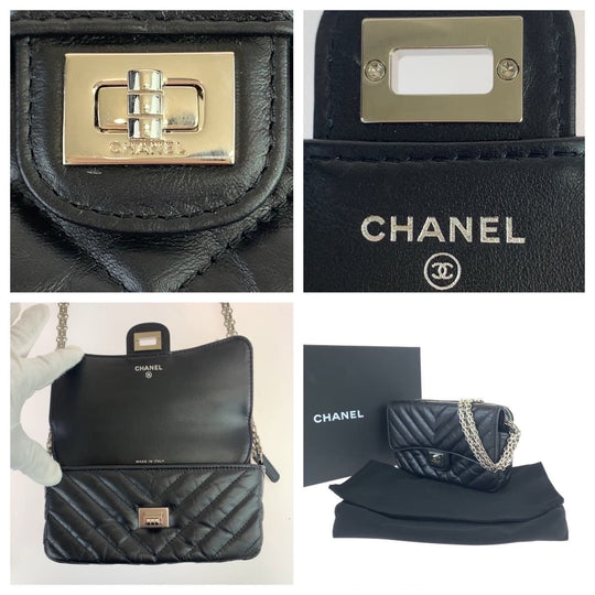 CHANEL Shoulder Bag lambskin Black SilverMetal Shoulder Bag Crossbody Chevron Vstitch Turn lock Women Used Authentic