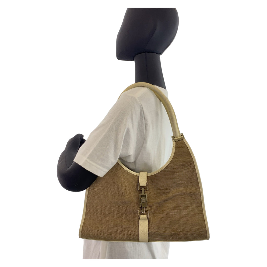 GUCCI Shoulder Bag 002 1067 canvas Beige White SilverMetal Shoulder Bag handbag Jackie Women Used Authentic
