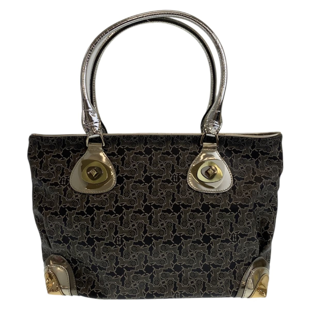 CELINE Tote Bag PVC Grey Multicolor SilverMetal Tote Bag Shoulder Bag Handbag Sulky Carriage Pattern Women Used Authentic