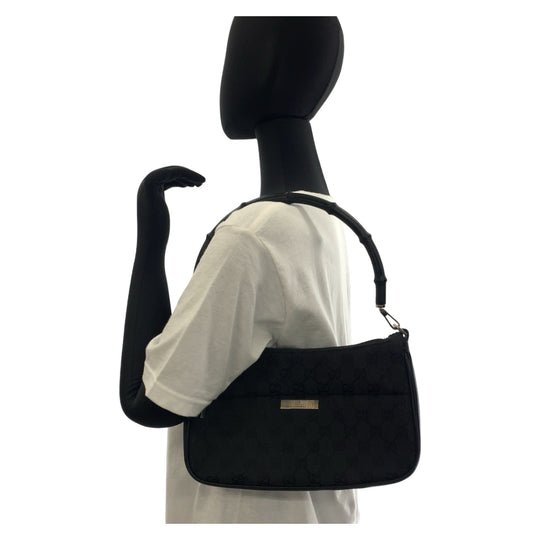 GUCCI Shoulder Bag 001 3865 GG canvas, leather Black Silver Metal Shoulder Bag handbag Bamboo Women Used Authentic