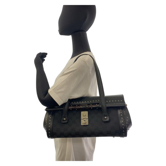 GUCCI Shoulder Bag 114993 GG canvas, leather Black SilverMetal Shoulder Bag Bamboo studs Women Used Authentic