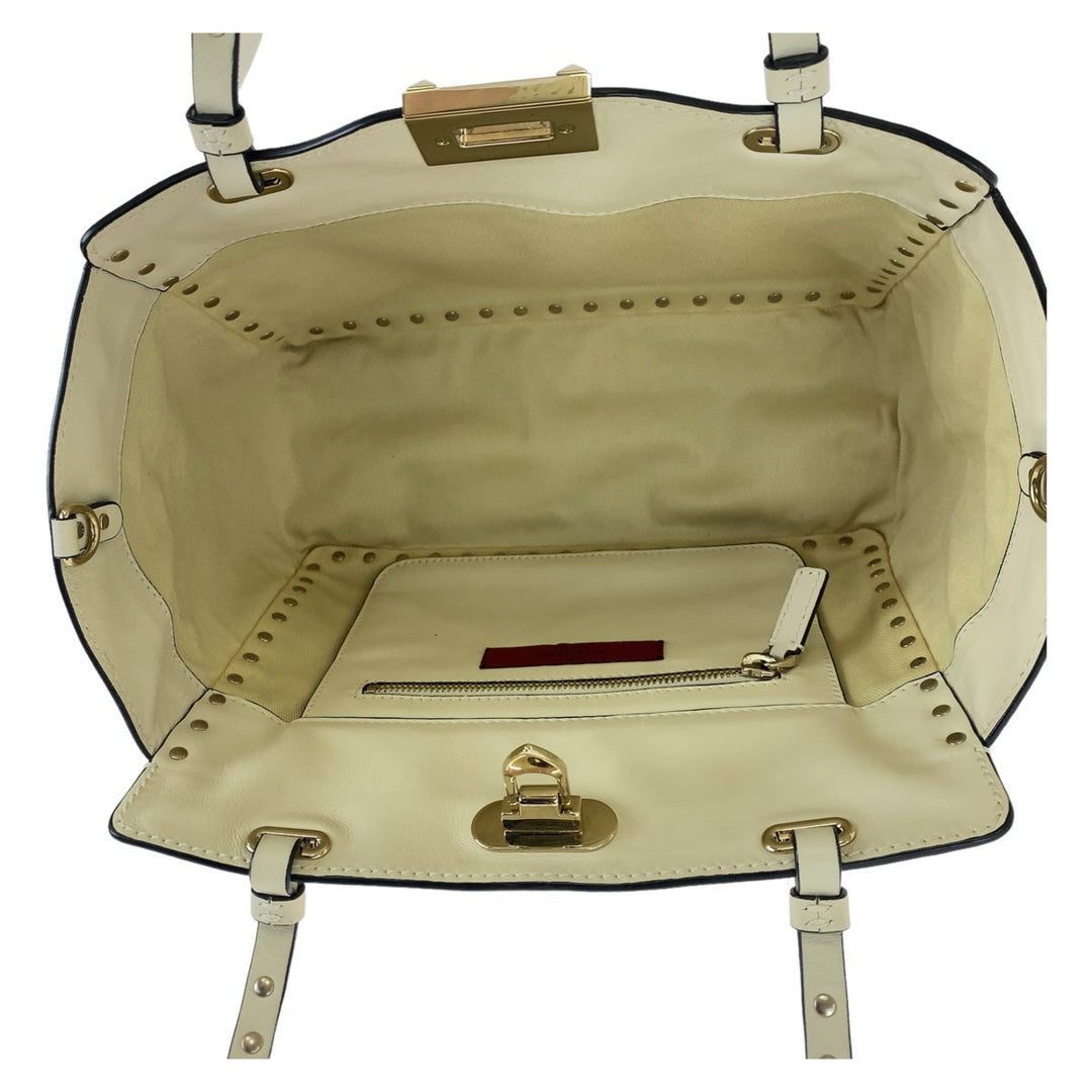 VALENTINO Tote Bag leather White GoldMetal Tote Bag Crossbody Shoulder Bag Handbag 2way Rock studs Women Used Authentic