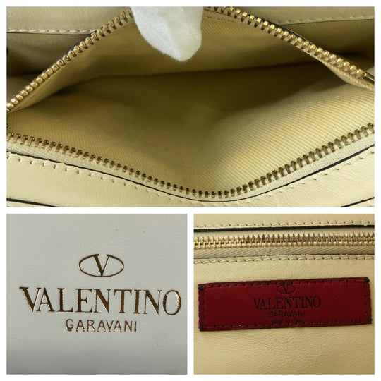 VALENTINO Tote Bag leather White GoldMetal Tote Bag Crossbody Shoulder Bag Handbag 2way Rock studs Women Used Authentic