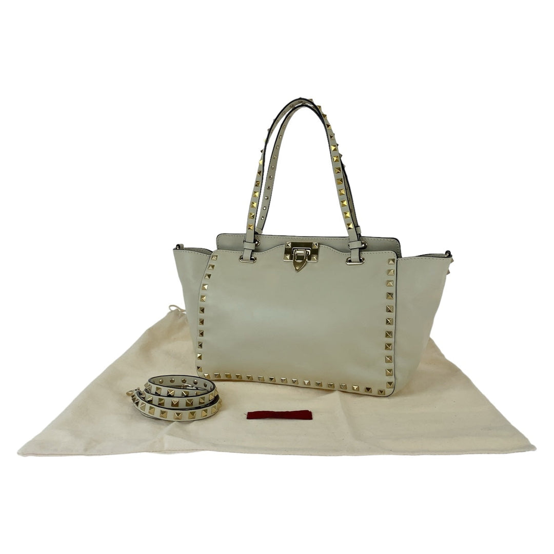 VALENTINO Tote Bag leather White GoldMetal Tote Bag Crossbody Shoulder Bag Handbag 2way Rock studs Women Used Authentic
