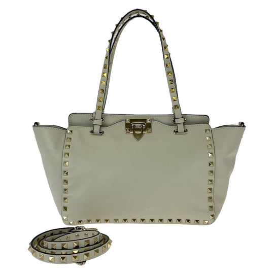 VALENTINO Tote Bag leather White GoldMetal Tote Bag Crossbody Shoulder Bag Handbag 2way Rock studs Women Used Authentic