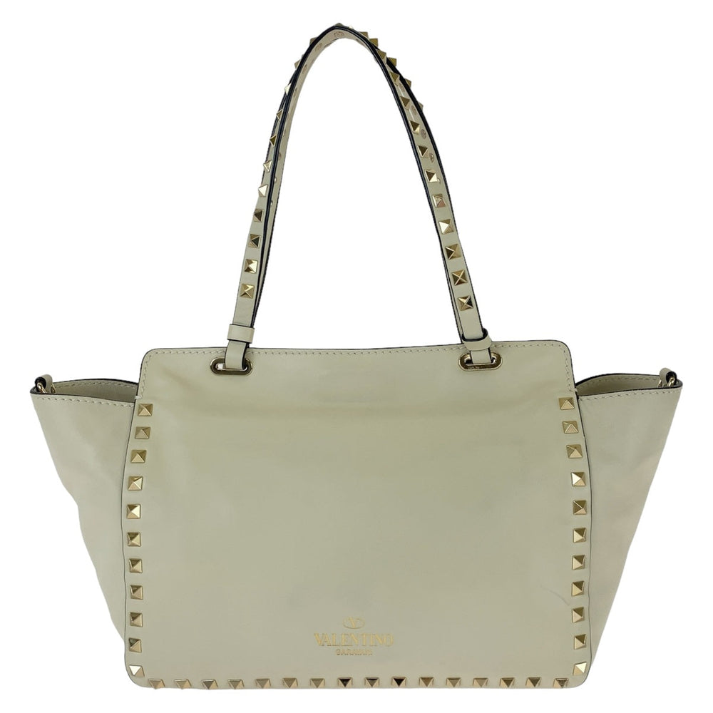 VALENTINO Tote Bag leather White GoldMetal Tote Bag Crossbody Shoulder Bag Handbag 2way Rock studs Women Used Authentic