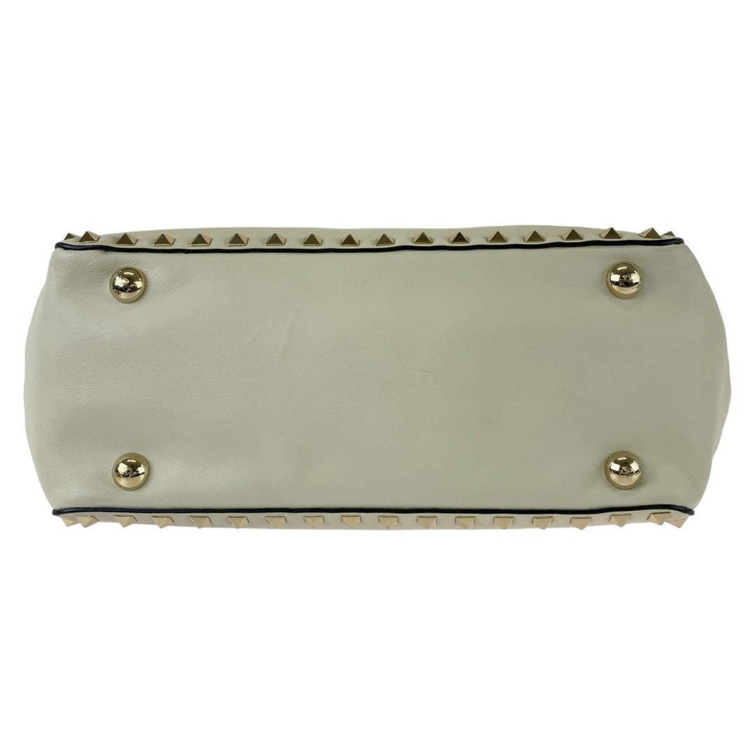 VALENTINO Tote Bag leather White GoldMetal Tote Bag Crossbody Shoulder Bag Handbag 2way Rock studs Women Used Authentic