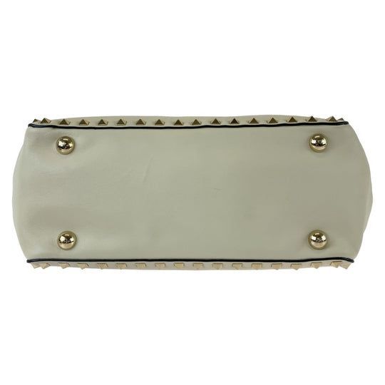 VALENTINO Tote Bag leather White GoldMetal Tote Bag Crossbody Shoulder Bag Handbag 2way Rock studs Women Used Authentic