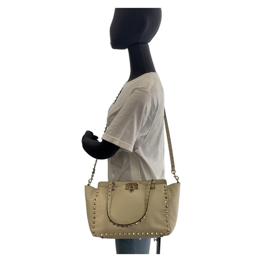 VALENTINO Tote Bag leather White GoldMetal Tote Bag Crossbody Shoulder Bag Handbag 2way Rock studs Women Used Authentic