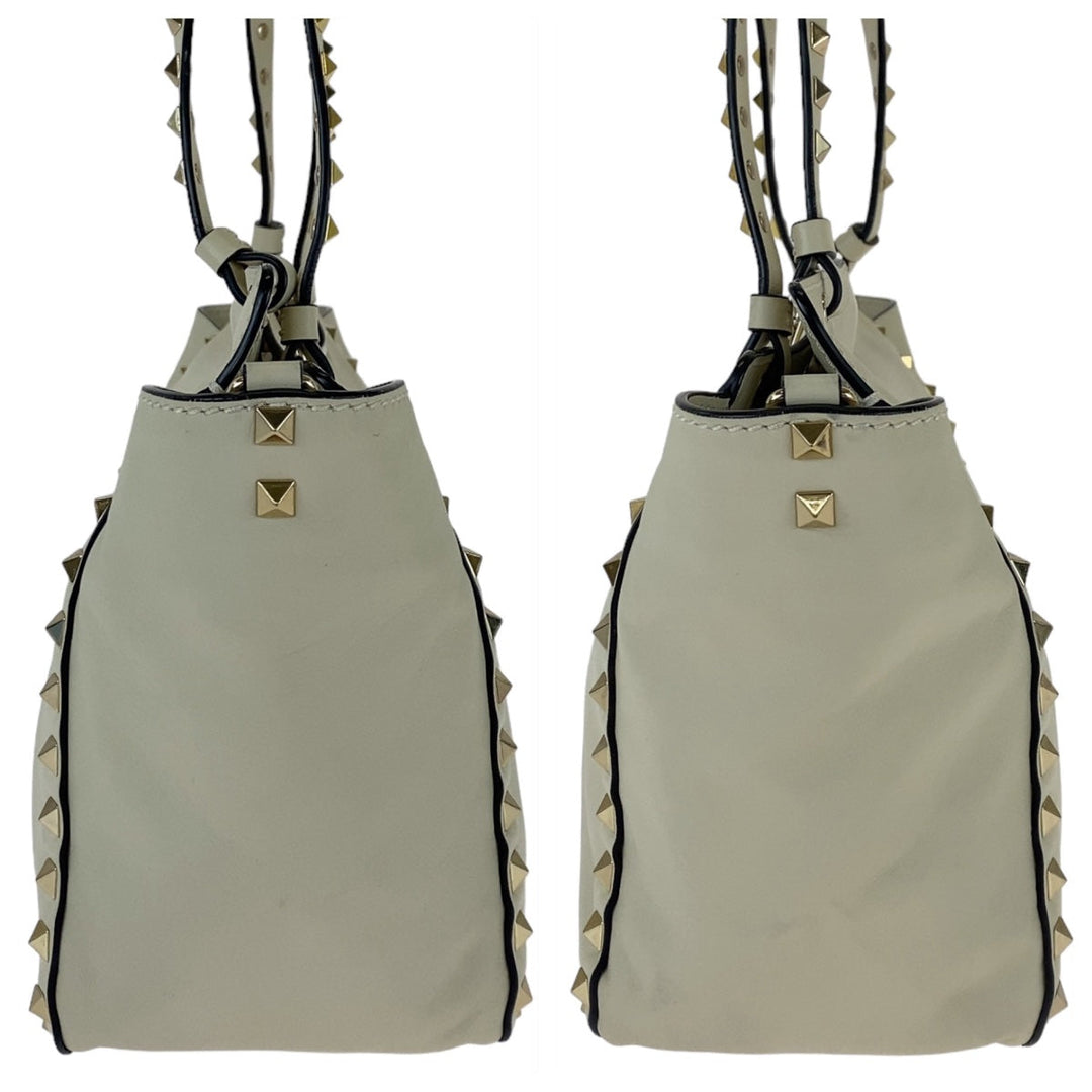 VALENTINO Tote Bag leather White GoldMetal Tote Bag Crossbody Shoulder Bag Handbag 2way Rock studs Women Used Authentic