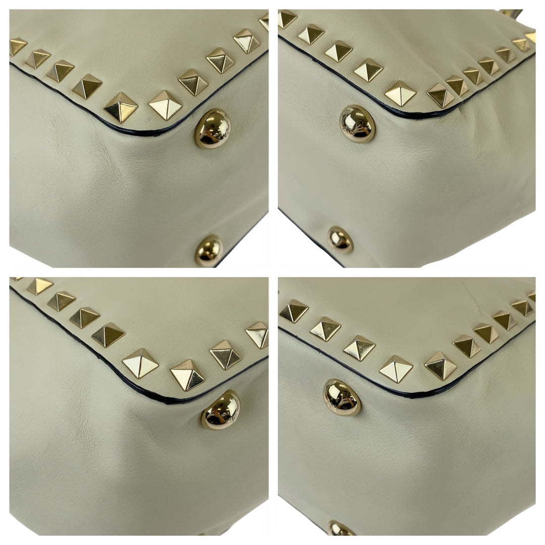 VALENTINO Tote Bag leather White GoldMetal Tote Bag Crossbody Shoulder Bag Handbag 2way Rock studs Women Used Authentic