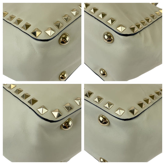 VALENTINO Tote Bag leather White GoldMetal Tote Bag Crossbody Shoulder Bag Handbag 2way Rock studs Women Used Authentic