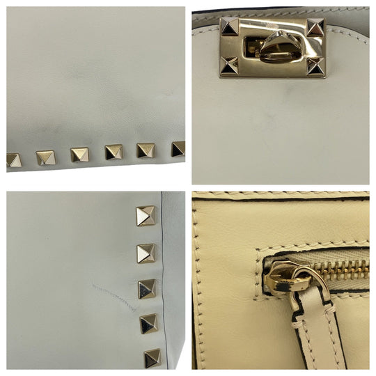 VALENTINO Tote Bag leather White GoldMetal Tote Bag Crossbody Shoulder Bag Handbag 2way Rock studs Women Used Authentic