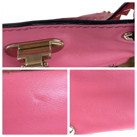 VALENTINO Handbag leather Pink Gold Metal Handbag Shoulder Bag 2way Rock studs Women Used Authentic